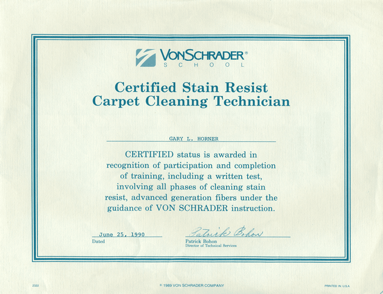 Von Schrader Certified Stain Resist Carpet Cleaning Technician Certificate